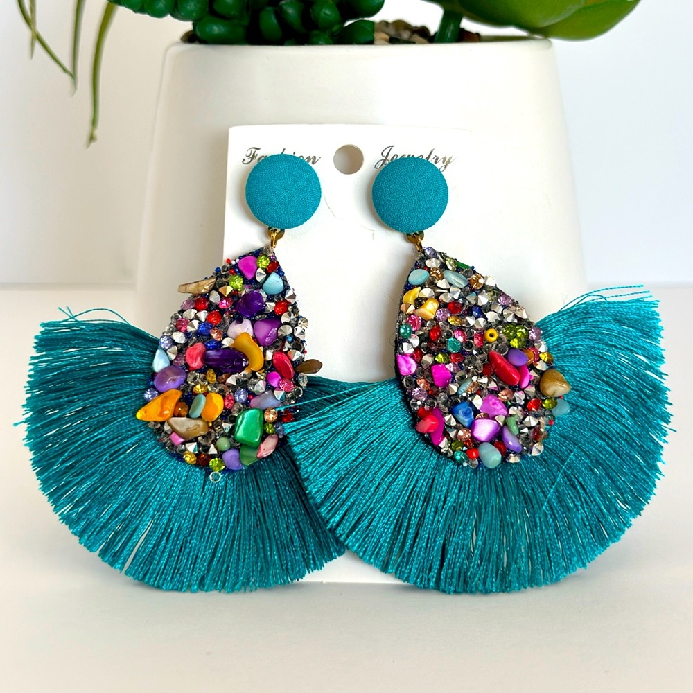 Round Tassel Drop Earrings, Bohemian Stone Earrings for Women